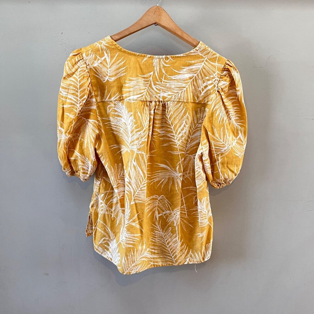 Sigrid Olsen Womens Yellow & White Leaf Print‎ Linen Blend Blouse Puff Sleeve M - Picture 4 of 4